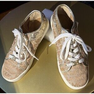 Michael Kors Beige MK Monogram Gold Trim Sneakers BigGirl’s Size 3.5-4 (Euro 35)